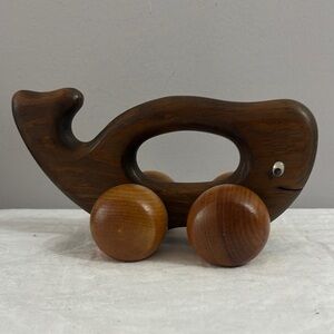Vintage Wooden Whale Pusher Toy Rolling Wheels Googly Eyes Massager